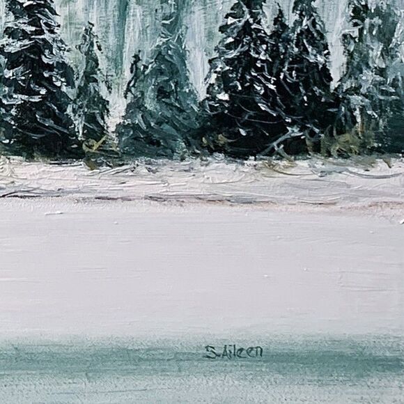 Original Oil Painting, Snowy Lake with Pines, Winter Landscape Art 16x20 Signed - Picture 3 of 8